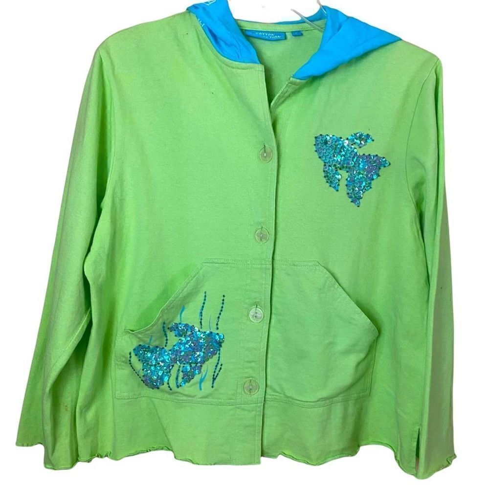 Cotton Connection Blue Aqua Chartreuse Sequined Fish Button up Hoodie